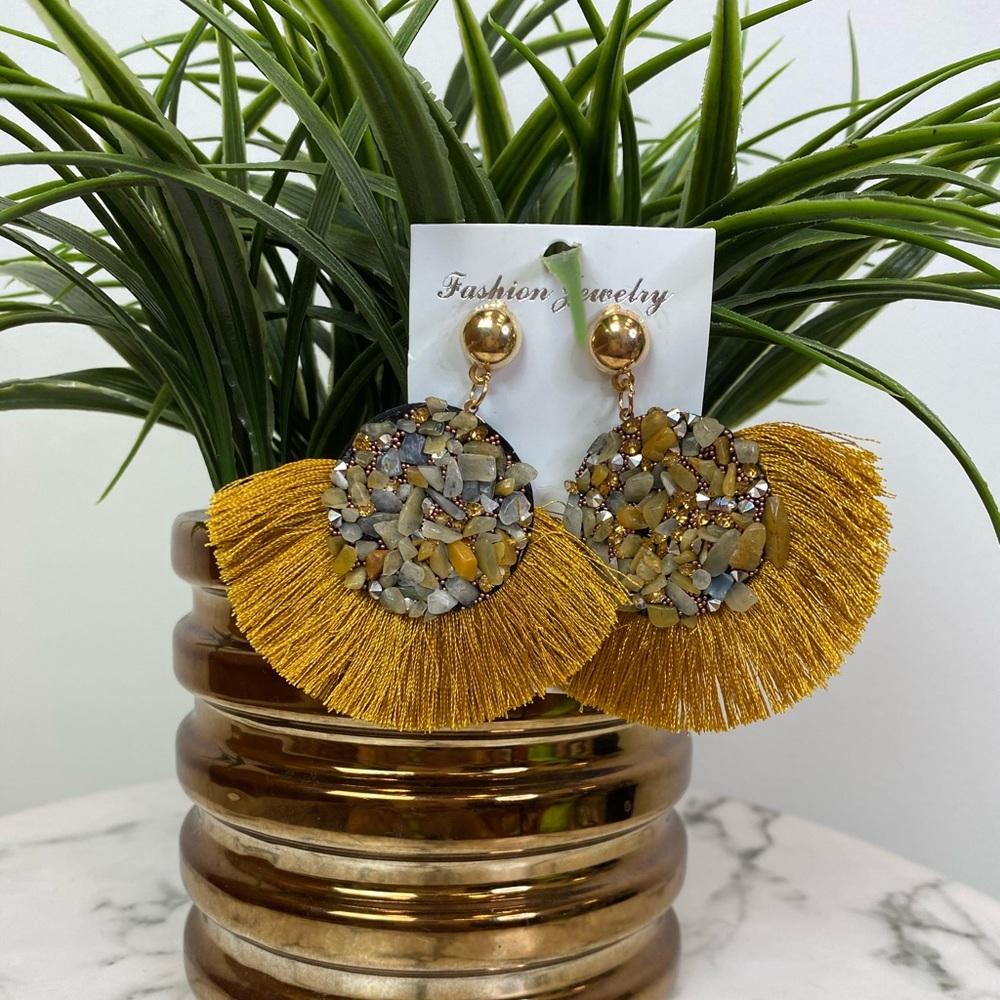 ‼️ Mustard Olive Blue Stone Diamond Fan Earrings - Picture 1 of 8